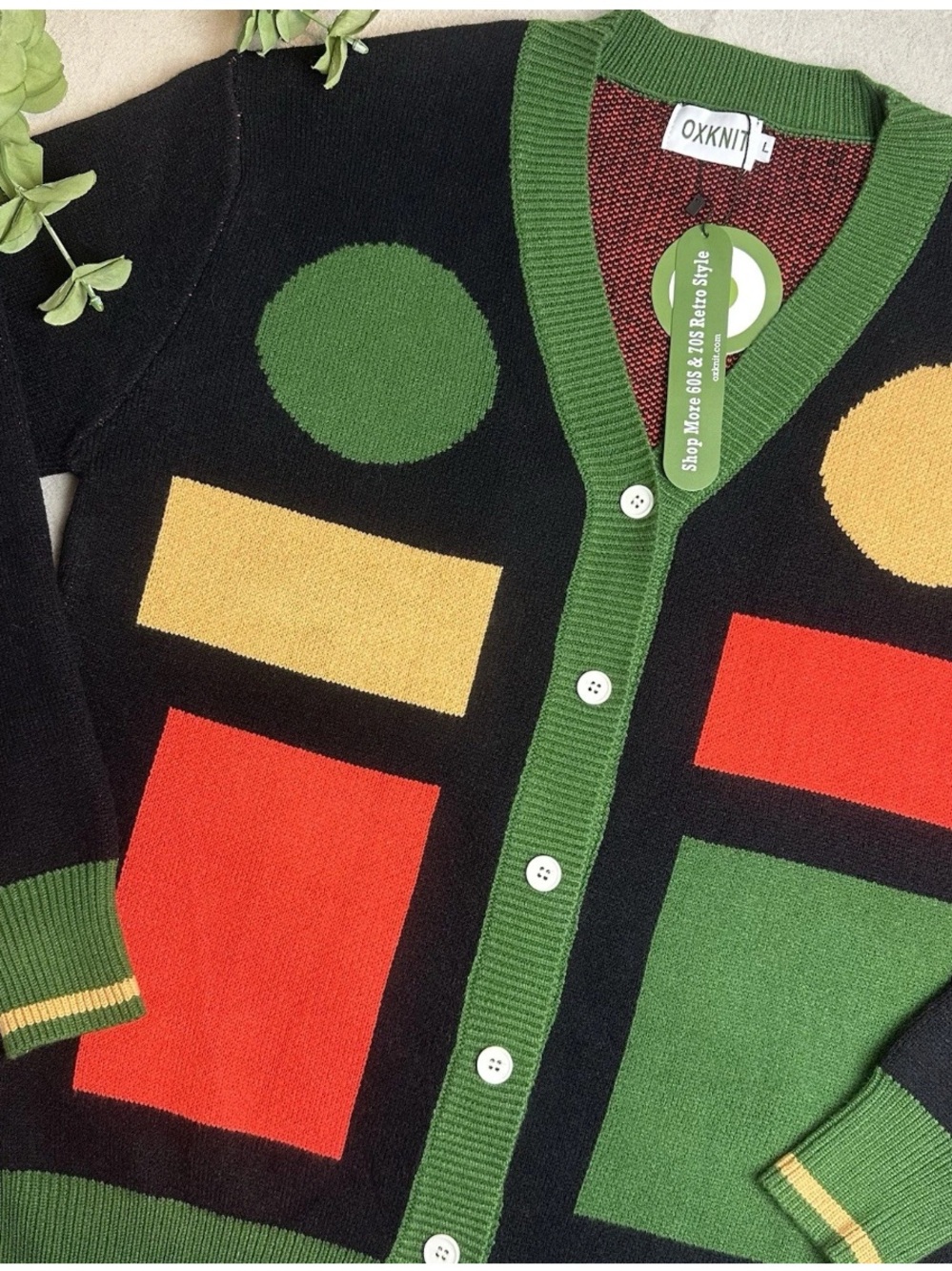 Oxknit Men's Retro Grandpa Cardigan Bright Artsy Geometric 60s 70s NWT